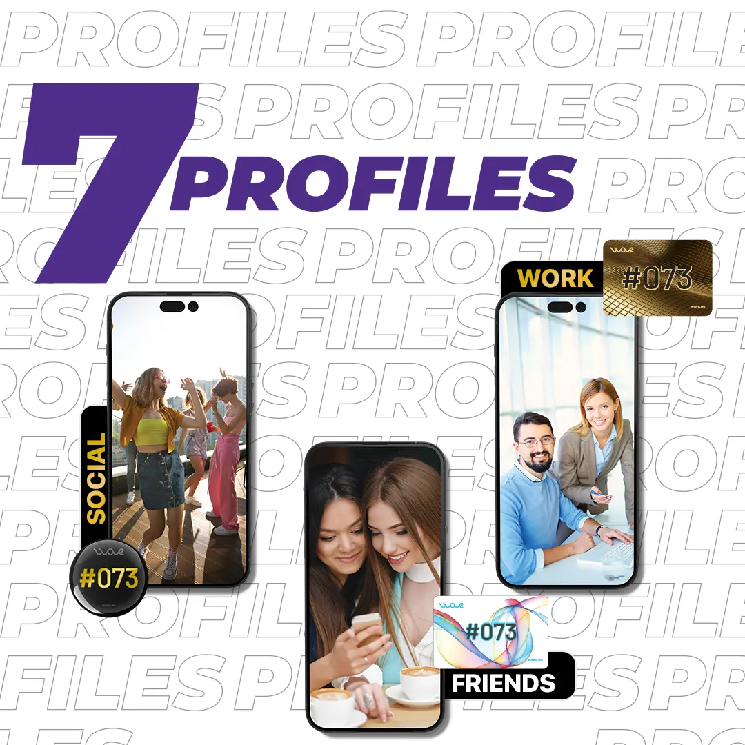 7 cards + tags = 7 profile pages
			card or tag is its own profile page
			gold business card for work contacts
			prism phone card for personal socials
			gold phone tag for your side gig and so on
			you share only what you want to
			