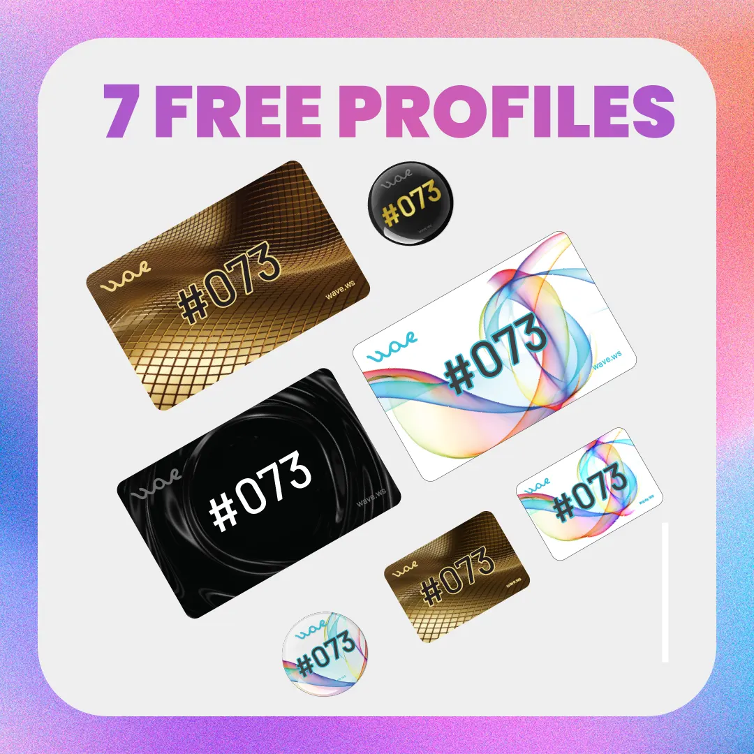 7 Free profiles:
			
				work
				Social
				Side gig
				Events and more
				Multiple NFC cards and Tags Free
				Free Delivery
			