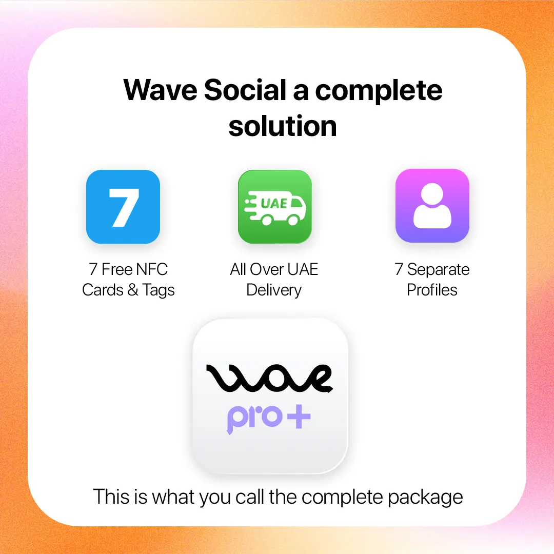 Wave Social a complete solution : 7 Free NFC cards and tags + 7 separate profiles and Wave Pro+.  All in one monthly priceThat is what you call the complete package. 